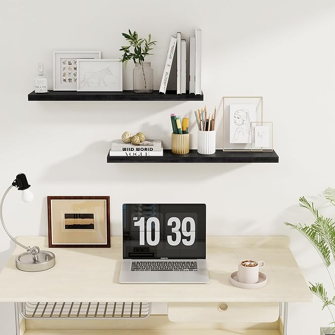 Fun Memories 32Inch Floating Shelves for Wall 2 Pack Wood Shelves for Kitchen, Bathroom, Bedroom Wall Mounted Rustic Wood Floating Shelf with Invisible Brackets for Books, Storage, Decor, Black