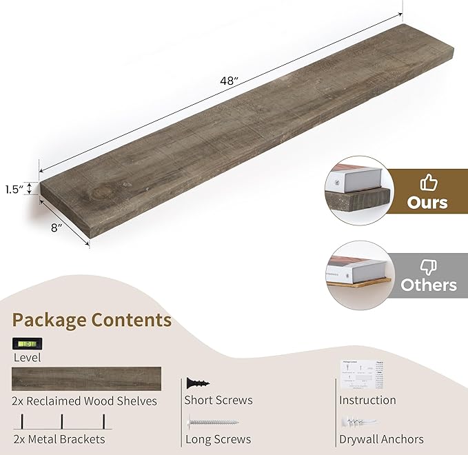 Solid Reclaimed Wood Floating Shelf 48inches Width and 8 inches Depth, Rustic Reclaimed Barnwood Wall Hanging Shelves with Invisible Heavy-Duty Metal Bracket,Cement Grey