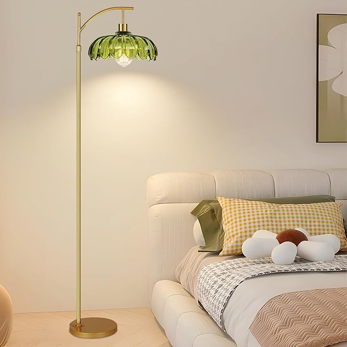 Gold Floor Lamps for Living Room Glass Vintage Floor Lamp with Remote Control,Dimmable Mid Century Modern Standing Lamp with 3 Color Temperature Tall Flower Lamp Brass Floor lamp for Bedroom Corner