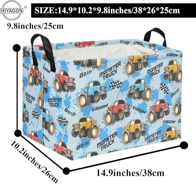 HIYAGON Rectangular Monster Truck Basket for Kids Baby Basket for Boys and Girls Cute Toy Storage Organizer Bin Box Truck Room Decor(Monster Truck)