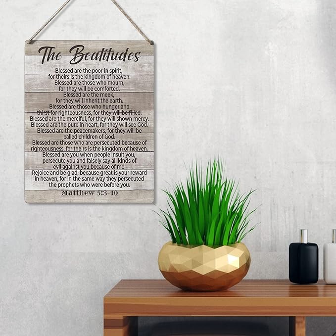 Inspirational Bible Gift Signs the Beatitudes Blessed are the Poor in Spirit for Theirs is the Kingdom of Heaven Wooden Hanging Sign Religious Scripture Art Wall Home Decoration 10 x 8 Inches