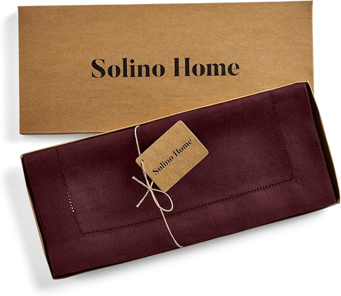 Solino Home Linen Table Runner 36 Inches - 100% Pure Linen Burgundy Hemstitch Table Runner 14 x 36 Inch Ideal for Dresser and Coffee Tables - Fall, Autumn, Thanksgiving - Classic Hemstitch
