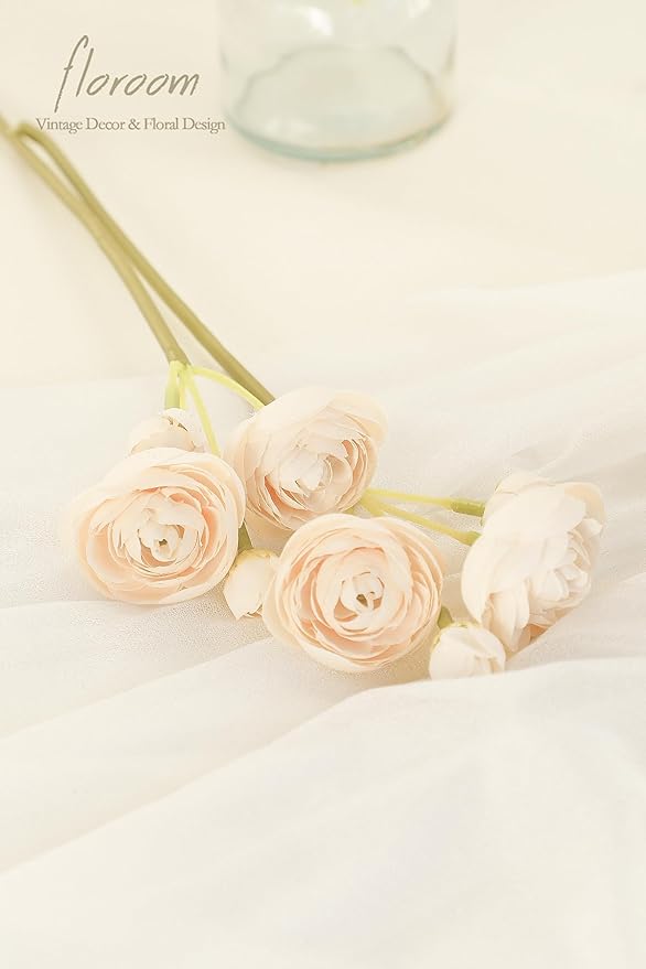 Floroom Ranunculus Artificial Flowers 18 Pcs Champagne Faux Silk Mini Ranunculus Bulk Fake Wedding Filler Flowers for DIY Cream Bouquets, Centerpieces, Bridal Shower Decorations & Arrangements