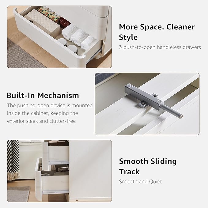 JXQTLINGMU 22" Modern Nightstand Set of 2 with Charging Station, Large Push-to-Open End Table, Wood Bedside Table, Curved Profile, Handleless 3 Drawer Night Stand for Bedroom, Living Room, Off White