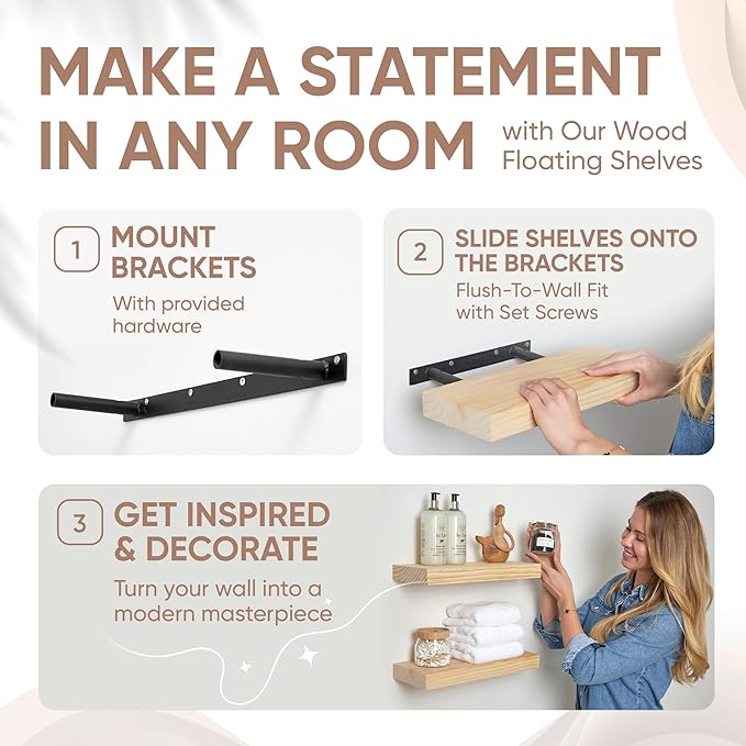Homeforia Wood Floating Shelf 12 inch, High End Solid Natural Wood 12inch Floating Shelves for Wall Mounted, Unfinished Small Wooden Floating Shelves, Heavy Duty Bracket, 12 X 6.5 X 1.75 in, Set of 3