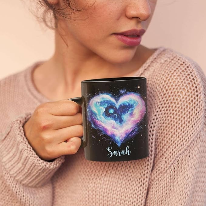 Personalized Love Heart Ceramic Mug, Custom Name Black Cup 11oz Or 15oz, Customized Celestial Themed Coffee Mug, Valentine's Day Themed Keepsake Cup, Gift For Him Her, Heart Mug