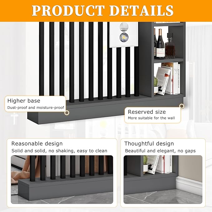 Wall Room Divider with Shelves, Freestanding Modern Wood + Metal Room Divider Screen with Storage Cabinet, Black, 1 Panel, L 31.49.478.7in