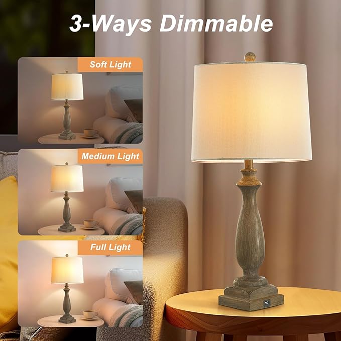 ππ-ππππ Rustic Table Lamp Set of 2 for Living Room, Vintage Farmhouse Bedside Lamp with USB Charging Port, 3 Way Dimmable Resin Nightstand Lamps with White Shade for Bedroom, End Table