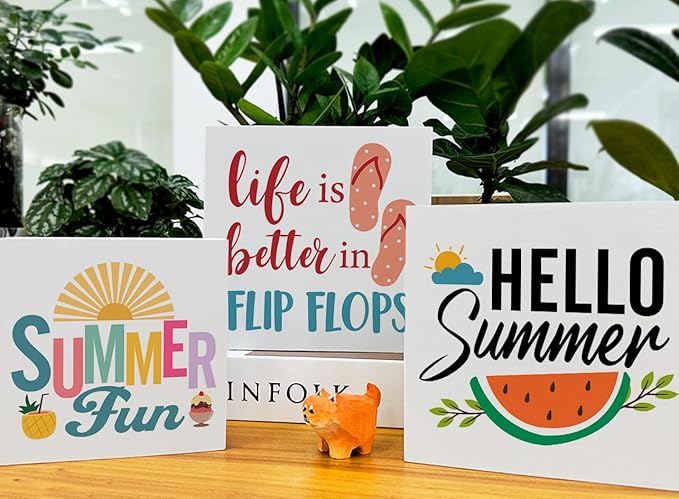 Summer Decor for Home Hello Summer Tiered Tray Decor 3 Pcs Wood Decorative Signs Table Desk Shelf Decoration