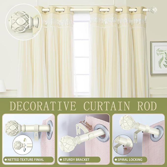 White Farmhouse Curtain Rods for Windows:18-45" Heavy Duty Adjustable Curtain Rod for Bedroom Living Room,Boho Decorative Rustic Drapery Rods with Vintage Coastal Texture Finials,Antique White