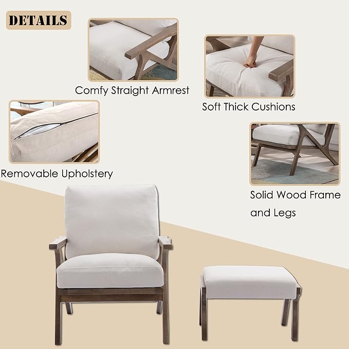 chairus 2 Sets Mid-Century Modern Accent Chairs with Ottoman, Linen Fabric Armchair with Wood Legs Comfy Upholstered Single Sofa Chair for Living Room/Bedroom/Lounge, White