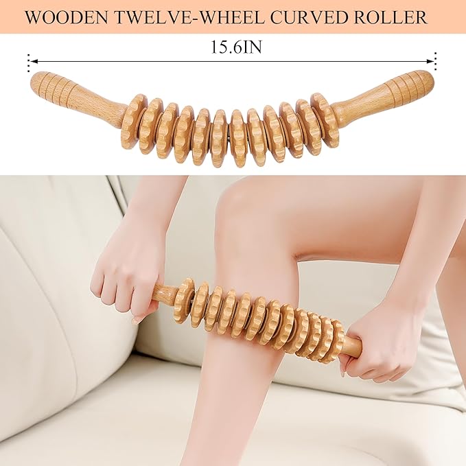 Wood Massage Roller Wood Therapy Massage Tools Body Roller Cellulite Roller Fascia Blaster Wooden Massager for Lymphatic Drainage, Maderoterapia, Pain Relief(Curved)