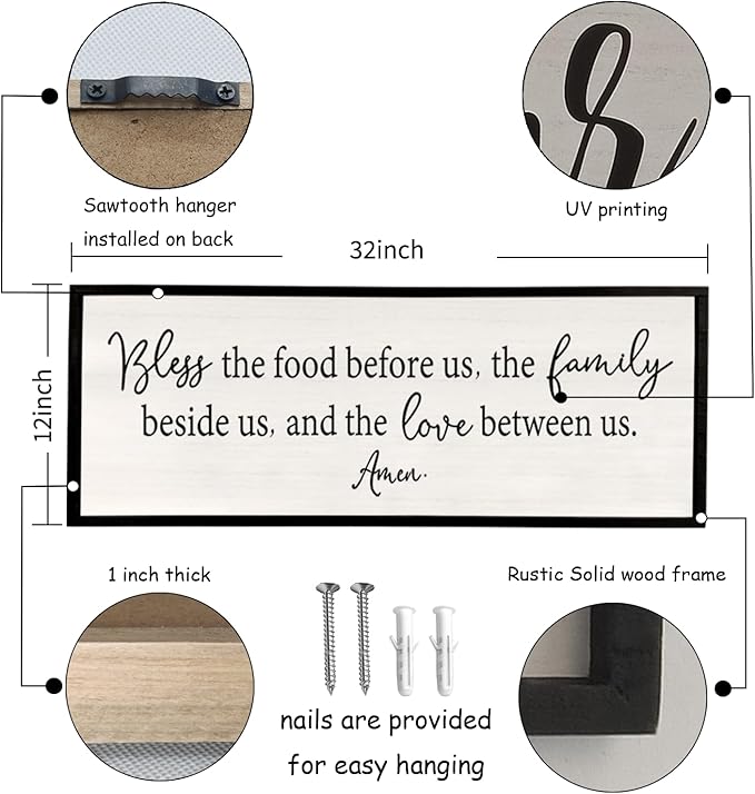 Bless the Food Before Us Sign Wall Decor 32''×12'' Large Farmhouse Dining Room Wall Decor Framed Wood Rustic Home Wall Art Kitchen Decoration (Black)