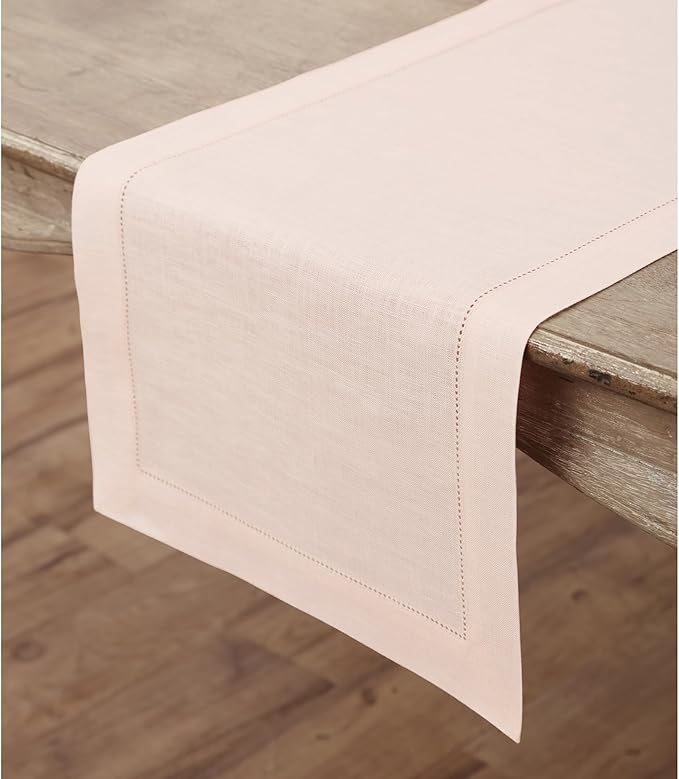 Solino Home Linen Pink Table Runner 144 Inches Long - 100% Pure Linen Extra Long Table Runner 14 x 144 Inch for Halloween - Classic Hemstitch