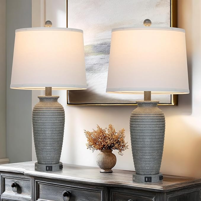 25" Grey Vintage Table Lamp Set of 2 Farmhouse Jar Table Lamps for Living Room,Touch Bedside Lamps with USB A+C Ports & AC Outlet, Pot Nightstand Lamps for Bedroom Living Room (LED Bulbs Included)