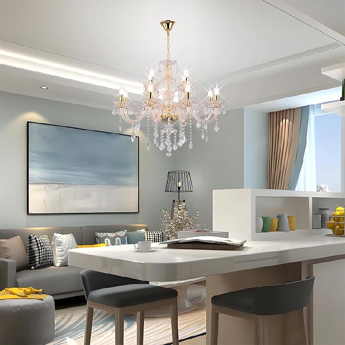 Contemporary Crystal Chandelier 12 Lights Clear Crystal Ceiling Lights for Living Room,E12 Base Double Layered Pendant Light Fixture for Dining Room Staircase, Hallway