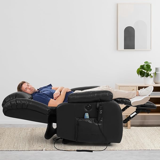 MAEVIS Power Recliner Chair, Lay Flat Sleeping Lift Chairs Recliner for Elderly with Heat and Massage,Comfy Real Breathable Leather Recliners with Dual OKIN Motor for Living Room (Black)