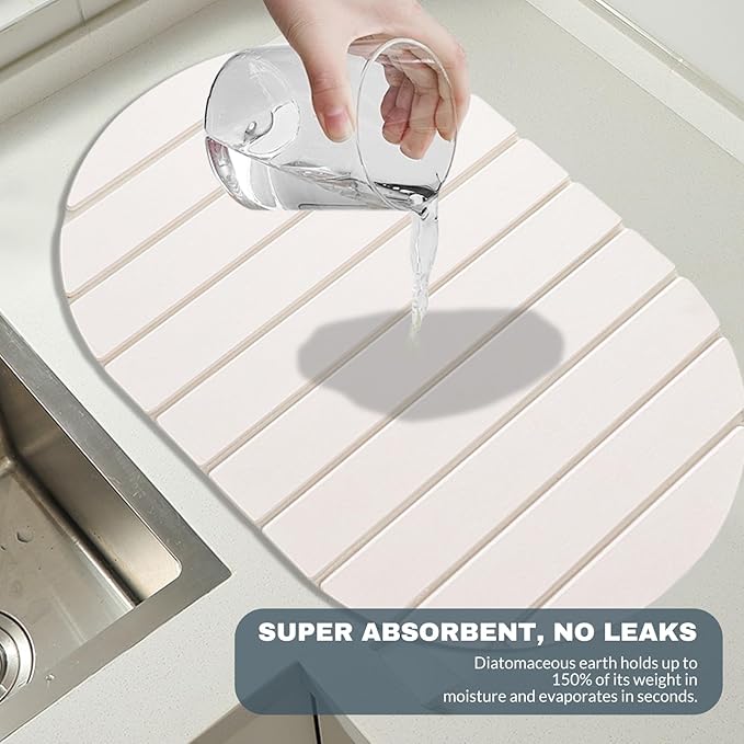 Large Stone Dish Drying Mats for Kitchen Counter, Quick Dry Absorbent Collapsible Dish Drying Mat,Diatomaceous Earth Mats for Dishes Bottles Cups,Match Any Countertop, Elliptical 24 * 16inch