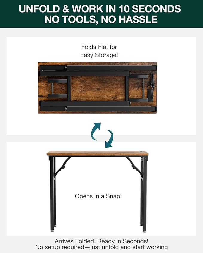 Frylr Small Folding Computer Desk β 35.8 Inch Portable Table for Craft and Study, Lightweight Desk for Small Spaces, Foldable Laptop Table Built-in AC/USB Outlets for Convenience, Rustic Brown