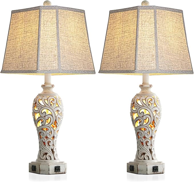 Set of 2 Rustic Table Lamps for Living Room Bedroom, Farmhouse Vintage Nightstand Lamp with 2 USB Ports, Hollow Out Resin Lamp for End Table with Nightlight, Bulbs Included (Wash White)