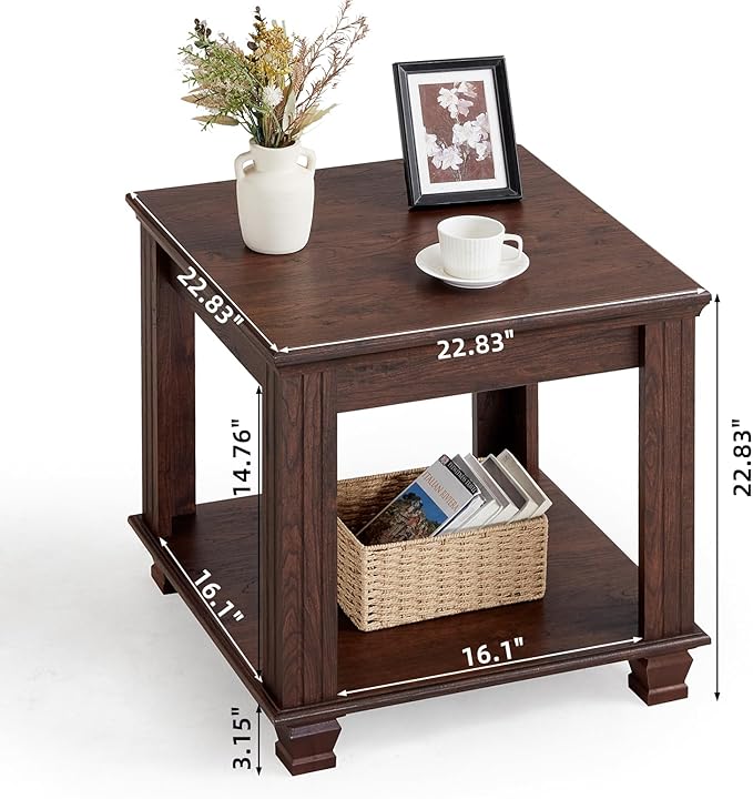 Farmhouse End Table Set of 2,Large Side Table with 2-Tier Storage Shelf,Rustic Brown End Tables for Living Room,Square Tea Table,Walnut