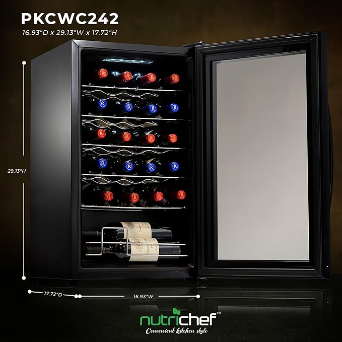 Nutrichef 24 Bottle Wine Fridge | Single Zone Wine Chiller | Adjustable Temperature Control 41°F to 64°F | Ultra Quiet Operation | Wine Cooler For Home & Office | Free Standing 29x16x17 IN