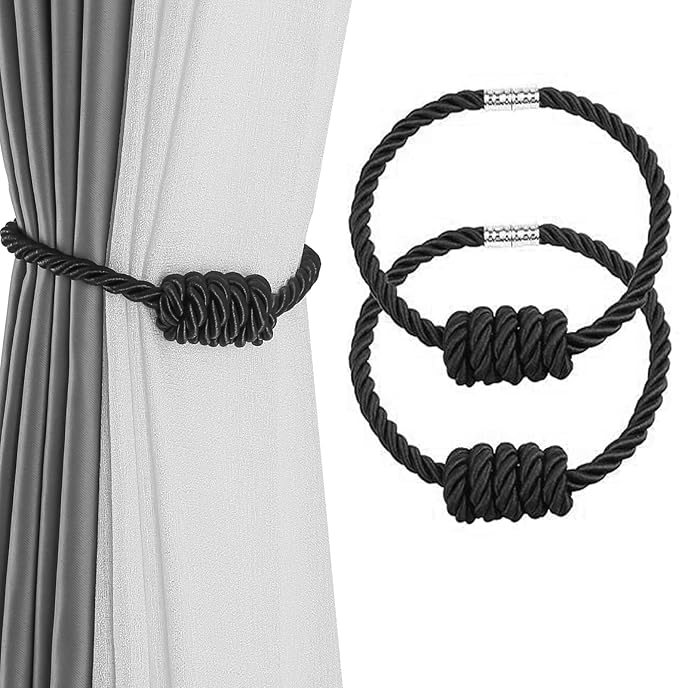 Fenghuangwu 2Pack Magnetic Curtain Tiebacks – Bohemian Style Handmade Woven Tie-Backs for Drapes,Elegant Exquisite Knot Holdbacks,Outdoor Boho & Modern Home Decor(Black