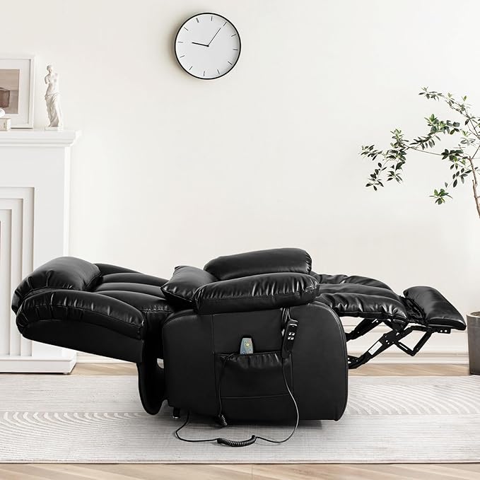 MAEVIS Large Genuine Leather Power Lift Recliner Chair, Dual Motor Recliner for Elderly,Extended Footrest and Lumbar Pillow for Tall Man,with Heat and Massage, USB and Type-C Ports(Black)