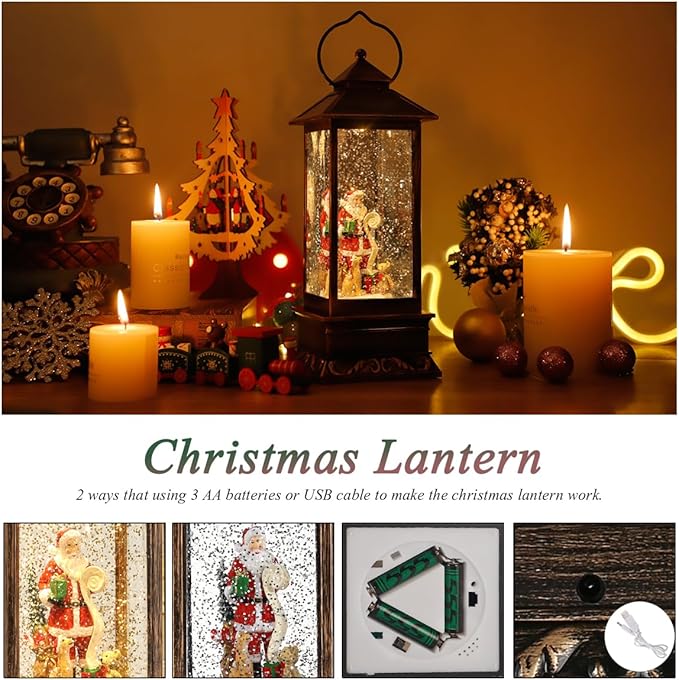 House & Garden Decoration,Christmas Lantern with 8 Pieces of Music,Sparkling Crystal Keep Circling Around The Snowman Families Music Box as a (Santa Claus)