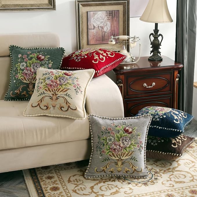 Set of 2 Beige Vintage Throw Pillows Covers 18x18in,Floral Embroidered Cushion Cover for Sofa Bedroom,Euro Sham Covers Retro Home Decor Pillows Covers