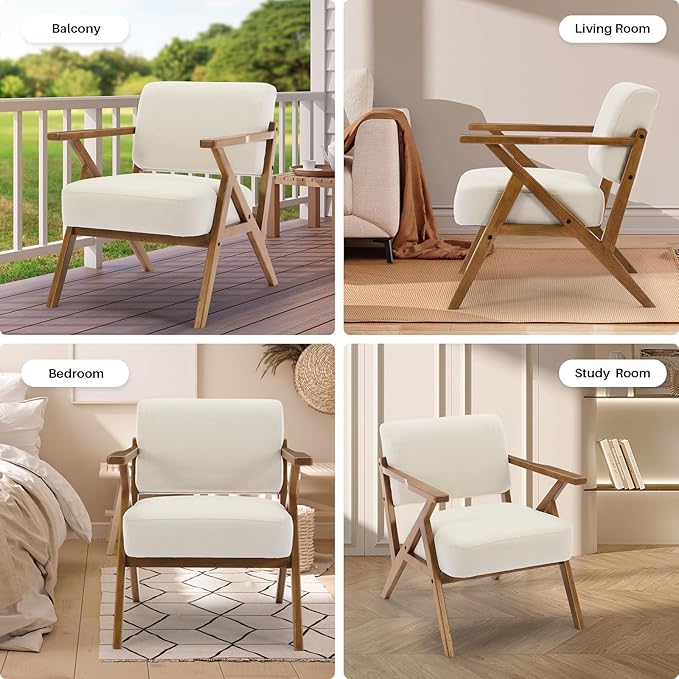 Mid-Century Modern Chair Upholstered Lounge Arm Chair with Solid Wood Frame Thicker Cushion for Living Room, Reading, Balcony, Beige Linen