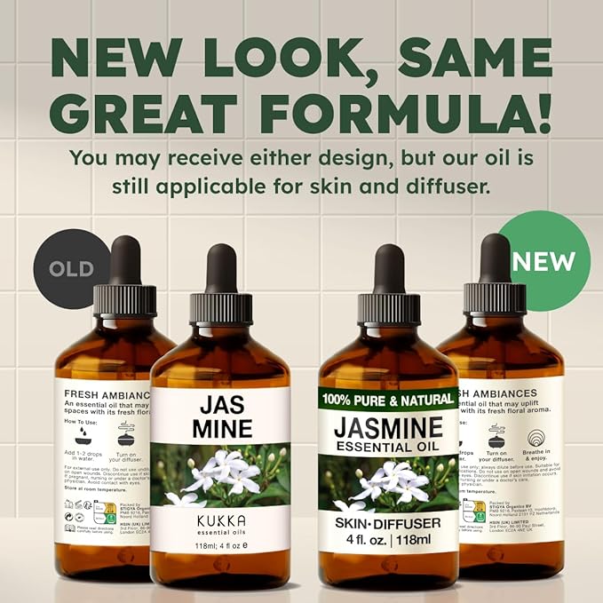 Kukka Jasmine Essential Oil for Diffuser - 4 Fl Oz - 100% Pure Natural Jasmine Oil for Skin, Hair & Soap Making Scents - A Great Relaxing Floral Addition for Hair Care & Perfume