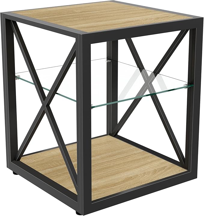 Farmhouse End Table, Modern Side Table with 3-Tier Storage Shelf, Square Rustic Nightstand, Accent Tea Table, for Bedroom Office Living Room, Brown, Natural Wood, Glass, Metal