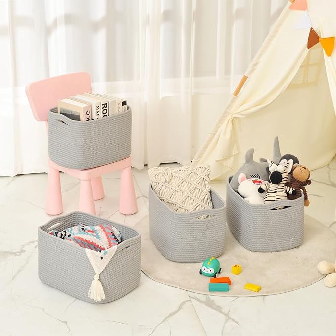 Storage Baskets for Organizing & Shelves, Woven Cotton Rope Organization Bins for Dog Toys, Clothes, Books, Nursery Organizer, 15" Lx11 Wx9.5 H, (4 Packs) Grey