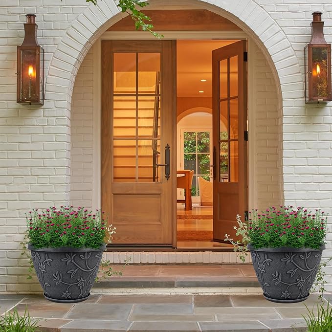 4 Pack 16 Inch Large Plant Pot for Outdoor, Plastic Flower Pot Indoor with Drainage Hole & Saucer, Modern Decorative Garden Pot, Imitation Magnolia Garden Pots for House Planters(Gray)