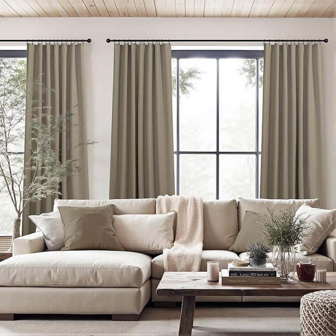 Brown Blackout Curtains 90 Inch Length Thick Linen Patio Drapes for Insulated Sliding Glass Doors Cute Curtains for Nursery Bedroom Aesthetic Modern Farmhouse Decor Back Tab 2 Panels Set 7.5 ft Long