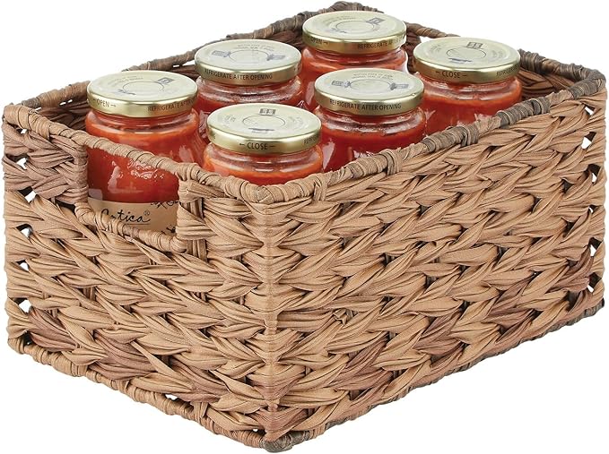 mDesign Woven Farmhouse Kitchen Pantry Food Storage Organizer Basket Bin Box - Container Organization for Cabinets, Cupboards, Shelves, Countertops - Store Potatoes, Onions, Fruit, 3 Pack, Brown Ombre