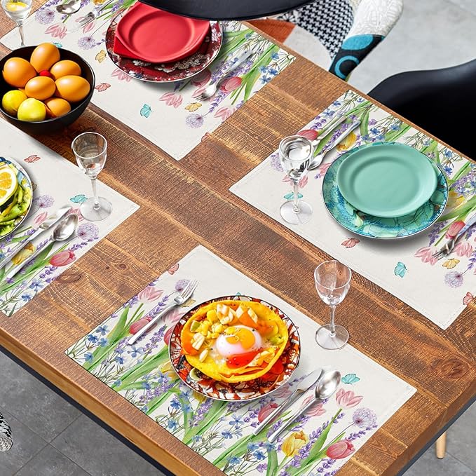 Tulip Placemats Set of 4 Spring Summer Flowers Tulips Lavender Place Mats Watercolor Floral Dandelion Butterfly Non-Slip Heat Resistant Washable Linen Table Mats for Dining Table Kitchen Decor