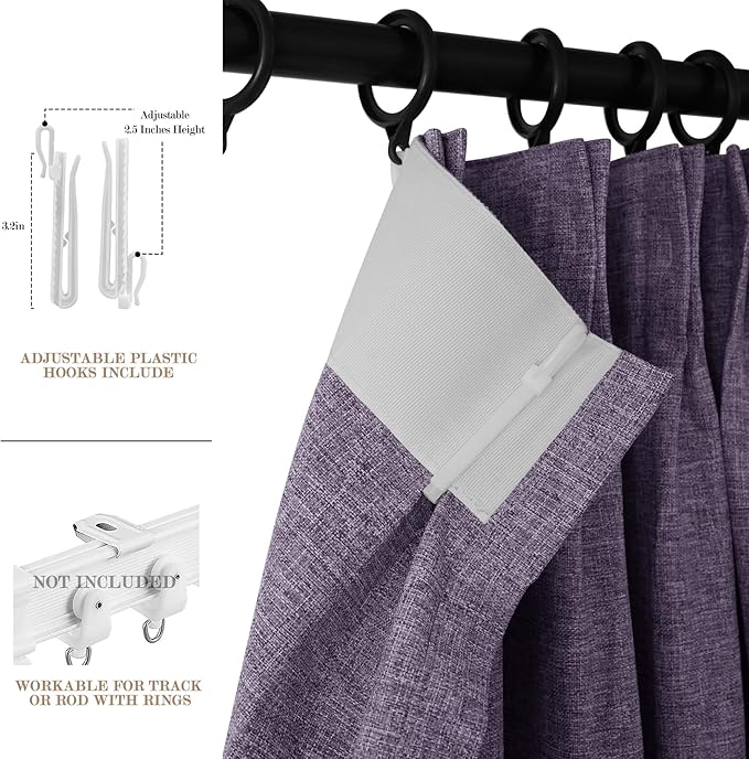 100% Blackout Linen Textured Drapes for Bedroom Pinch Pleated Curtains for Track System Portable Drapery for Sliding Glass Door/Storage/Space Room Divider, 70" Wx102 L, 1 PC, Violet