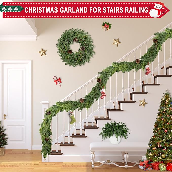 6 Ft Real Touch Christmas Garland Indoor with Pine Cone,Thick and Lush,Soft Bendable Mantle Garland Christmas, Lifelike Cedar Garland, Christmas Garland for Mantle,Indoor Christmas Decorations