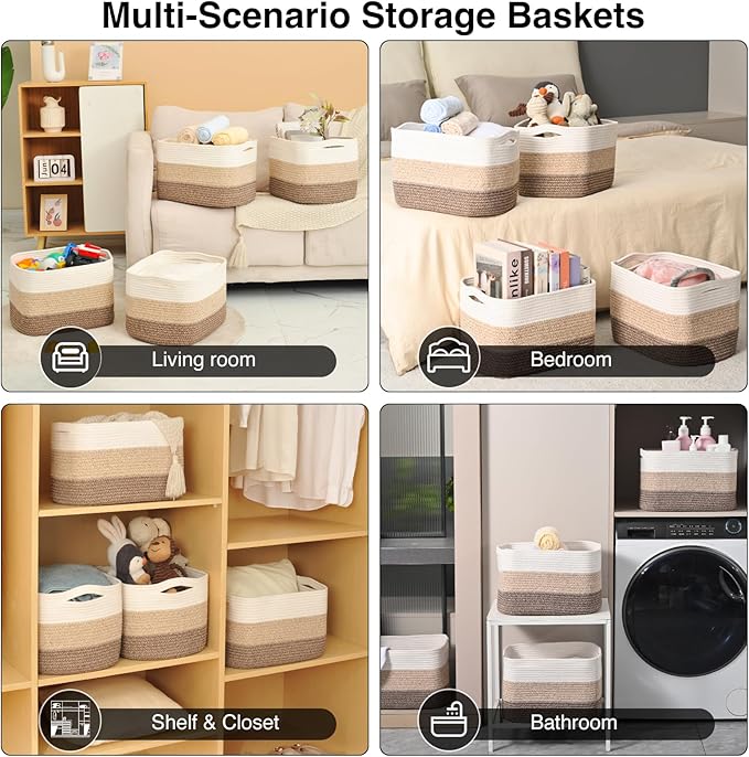 Storage Baskets for Organizing & Shelves, Woven Cotton Rope Organization Bins for Dog Toys, Clothes, Books, Nursery Organizer, 15"Lx11"Wx9.5"H, (4 Packs) Gradient Brown