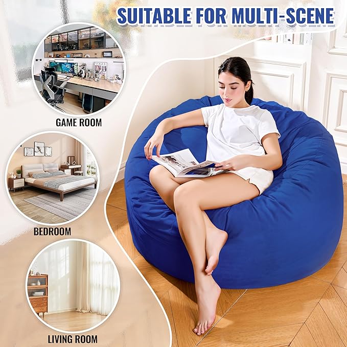 4FT Bean Bag Chair: Bean Bag with Velvet Cover, Fluffy and Comfy Bean Bag Chairs for Adults and Kids, Bean Bag Sofa Filled with High-Density Sponge for Gaming (Blue)