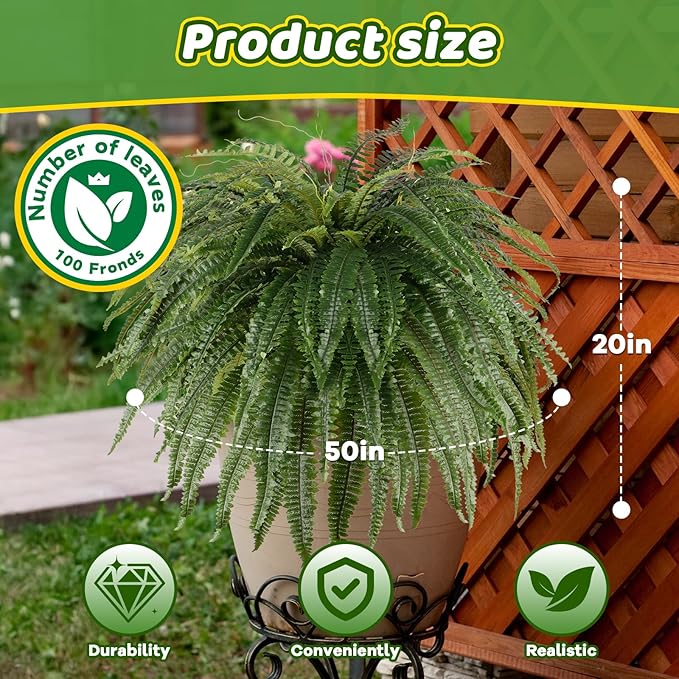 Single Silky 50" Artificial Fern Plant, Large Fake Fern with 100Fronds, Realistic Faux Boston Fern Bush for Outdoors & Indoor, Silk Greenery for Planter, Garden, Office, Home DĂŠcor