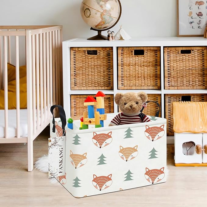 FANKANG Storage Bins, Nursery Hamper Canvas Laundry Basket Foldable with Waterproof PE Coating Large Storage Baskets for Kids Boys and Girls, Office, Bedroom, Clothes,Toys(Rec-Fox )