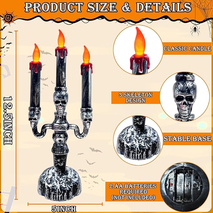 TURNMEON 2 PCS Skull Halloween Candles Lamp,Halloween Decorations Indoor 3-Candles Candelabra LED Lights Battery Operated Candles Holder, Halloween Decor for Home Table Party Room Scary Haunted House