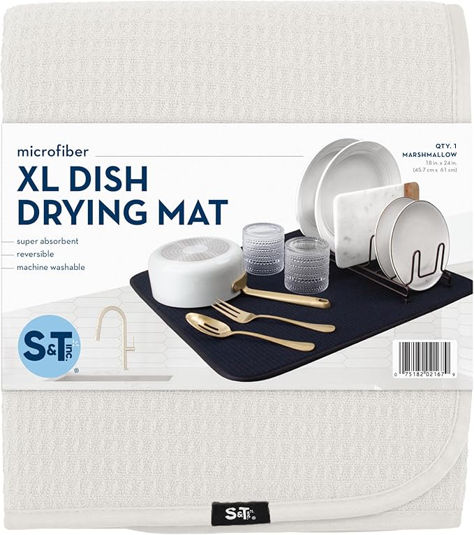 S&T INC. Dish Drying Mat XL, 18” x 24”, Absorbent Microfiber Kitchen Counter Mat, Dish Drying Pad for Dishes, Utensils, Pots and Pans, Extra Large, Cream