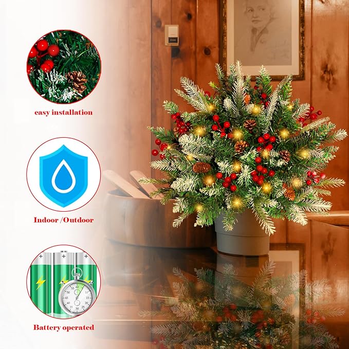 2 Pack Lighted Artificial Christmas Urn Filler, Battery Operated Pre-lit Xmas Pine Trees, Tripod Stake and 60 LED Lights, Holiday Porch Decorations for Porch, Yard, Garden, Flower Beds(Warm White)
