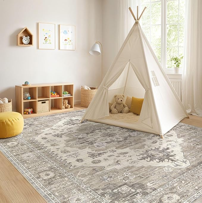 Washable Area Rugs for Living Room - 5x7 Neutral Vintage Distressed Floral Farmhouse Boho Large Soft Floor Rug Indoor Non Slip Carpet for Living Room Bedroom Dining Room Office -Brown/Beige
