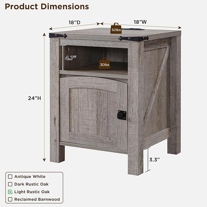 OKD Nightstand with Charging Station Set of 2, 18 Inchs Farmhouse End Table with Adjustable Storage Shelf, Rustic Wood Sofa Side Table for Bedroom