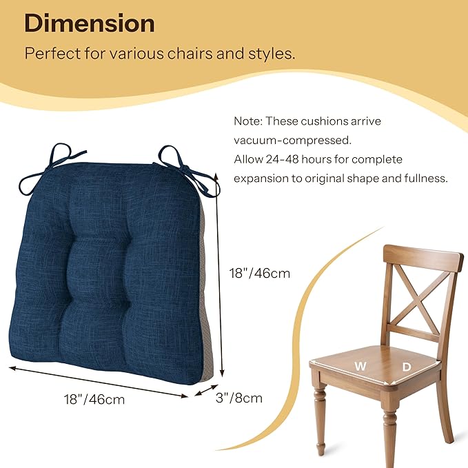 Non Slip Chair Cushions for Dining Chairs Set of 4 Kitchen Chair Cushions 18"x18"x3" Turfted Chair Pads Comfortable and Soft Seat Cushion with Ties, Navy
